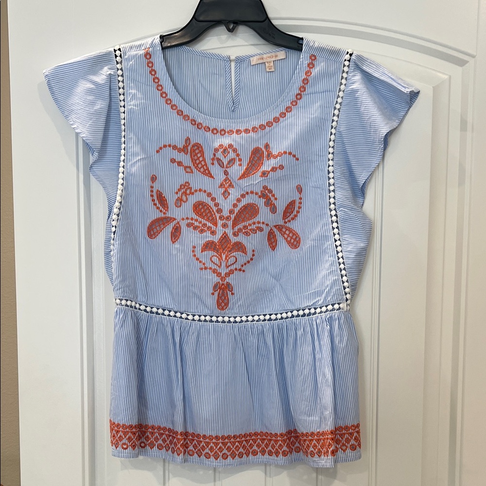 Skies Are Blue Striped Top with Orange Embroidery